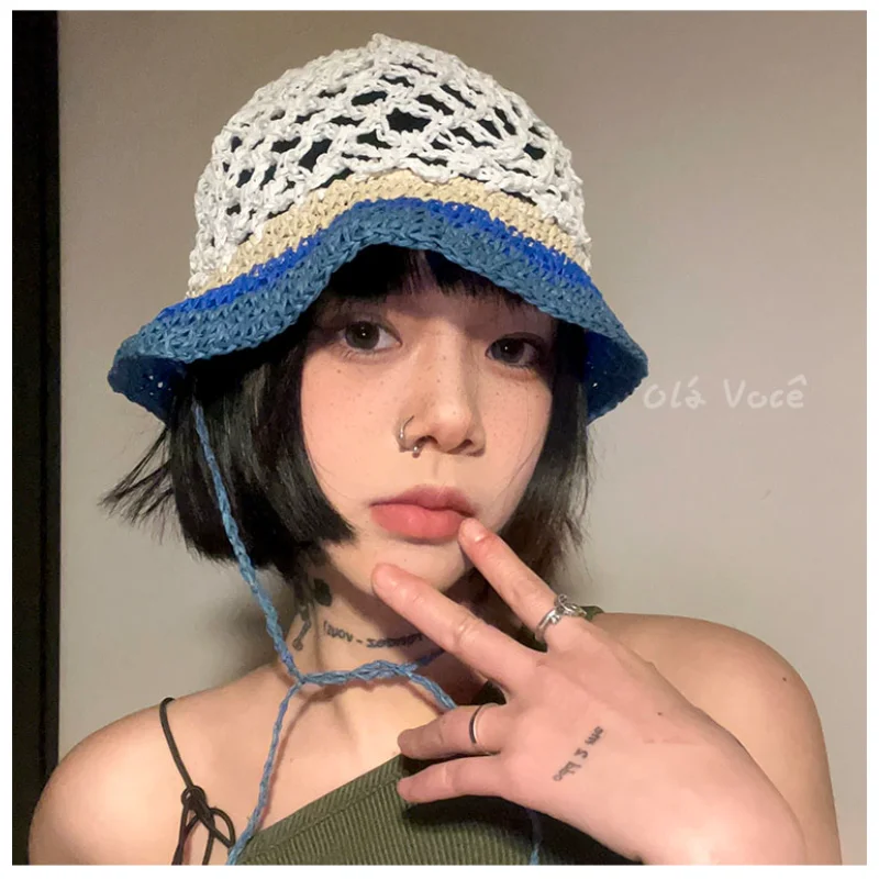 Mori Girl Bucket Hat Japanese Hand-woven Hollowed-out Contrasting Fisherman&#39;s - £16.63 GBP