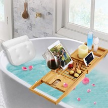 Bathtub Caddy Bamboo Bath Tub Rack Tray Bathroom with 3D Mesh Bath Pillow Spa - £72.71 GBP