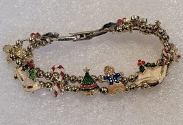 Avon Gold Tone Christmas Slide Bracelet Enamel Clasp 7.5-9&quot; Vintage  - £13.29 GBP