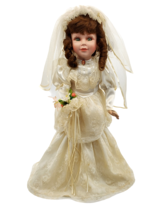 Vintage Porcelain Wedding Doll Bride 16&quot; Tall Brown Curly Hair Cameo Brooch - £31.94 GBP