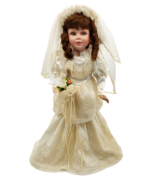 Vintage Porcelain Wedding Doll Bride 16&quot; Tall Brown Curly Hair Cameo Brooch - £31.42 GBP