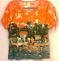 Colorful Artsy Tropical Waterfront Scene Woman’s Vintage Top Size XL - T... - £8.67 GBP