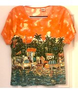Colorful Artsy Tropical Waterfront Scene Woman’s Vintage Top Size XL - T... - £8.60 GBP