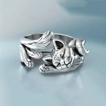Sleeping Cat Wrap Ring Adjustable Silver - £9.03 GBP
