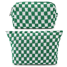 2 Pieces Makeup Bag Large Checkered Cosmetic Bag Green Capacity Canvas Travel To - £12.66 GBP