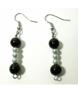 Estate Find Artisan Dangle Drop Earrings Black and Silver Faux Pearl Gla... - £11.47 GBP