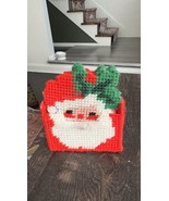 Vintage Needlepoint Christmas Santa Coaster With Holder Set Of 4 Plastic... - $6.08