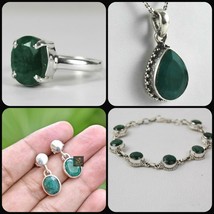 925 Silver Emerald Gemstone Handmade Pendant Earring Ring Bracelet ComboSet Gift - £74.77 GBP