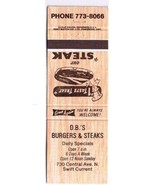 Swift Current Saskatchewan Matchbook Cover D B&#39;s Burgers &amp; Steaks Universal - £1.56 GBP