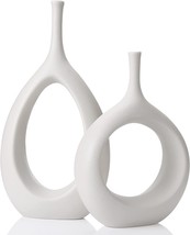 White Ceramic Hollow Vases Set Of 2, Flower Vase For Decor,, Housewarming Gift - £35.37 GBP