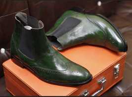 Handmade Men&#39;s Royal Pure Green Leather Formal &amp; Casual Chelsea Boots, US 5-15 - £143.87 GBP