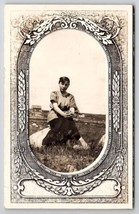 RPPC Art Nouveau Masked Border Young Edwardian Lady On Farm Photo Postcard R30 - $9.95