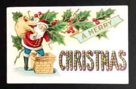 A Merry Christmas Santa Going Down a Chimney Embossed SL &amp; Co Postcard c1908 - £10.21 GBP