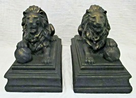 Pair of Regal Lion with Ball on Stepped Base Sculptures - £253.09 GBP
