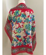 Vintage Russian Wool Shawl Scarf Red Blue Floral 31&quot; - $48.80 CAD