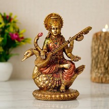 Goddess Maa Saraswati Idol Sitting On Hans Sarasvati Statue 21 cm - £79.86 GBP