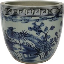 Planter Vase Pheasant Flower Stool White Blue Porcelain Handmade Ha - $229.00