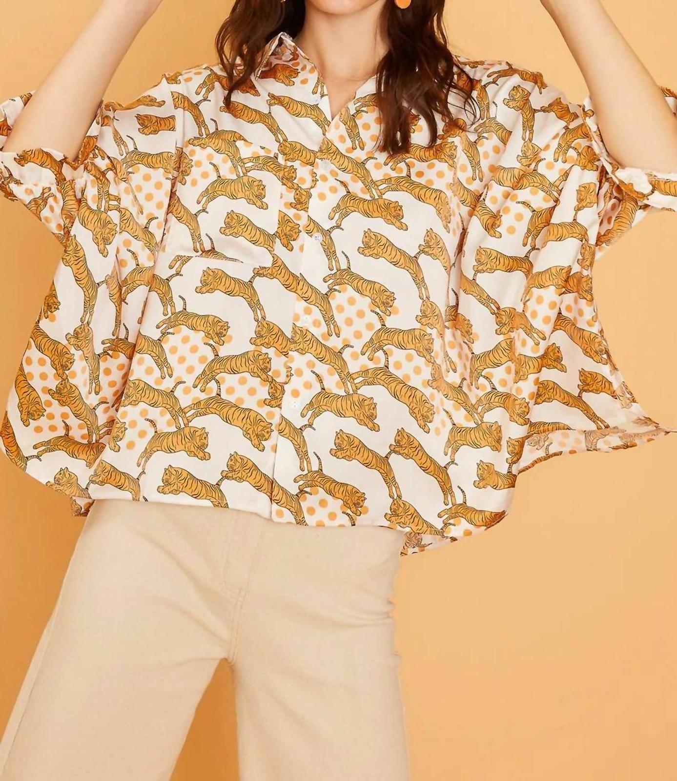 Anniewear Tiger Printed Woven Blouse Golden/cream - $37.00