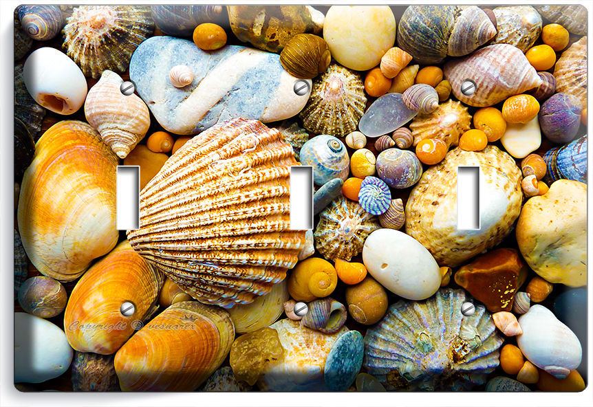 SEA SHELLS BEACH STONES TRIPLE LIGHT SWITCH WALL PLATE BATHROOM SUMMER HOUSE ART
