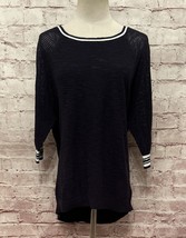 Express Womens Sweater Top L Open Knit Mesh Short Sleeve Boxy Dark Blue White - £22.89 GBP