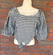 Black White Plaid Shirt Medium Off Shoulder Cropped Top Belly Blouse Che... - $7.60