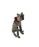 Judie Bomberger PEARL Striped Cat with Pink Bow Wood Sculpture 7 Inch Fi... - £58.44 GBP