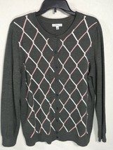 Croft &amp; Barrow Argyle Print Cardigan Womens L Brown Pink Crew Neck Sweater - £9.36 GBP