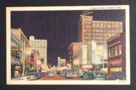 Capital Street Jackson Mississippi MS at Night Vintage Cars Linen Postca... - $6.99