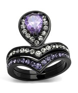 Black Plated Purple and Clear CZ Empress Design Ring Stainless Steel TK316 - $29.95 CAD
