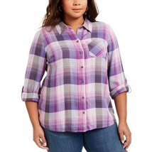 Style &amp; Co Womens Plus 1X Berry Plaid Purple Collared Utility Top NWT C10 - $27.43