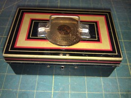 7LL48 SMALL STEEL COIN BOX WITH BRASS MEDALLION, &quot;CHAD VALLEY&quot; MADE IN E... - $55.88