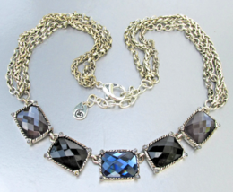 SCROLL Dillards Vtg Black Blue Gray Big Rhinestone Link Silver Collar Ne... - $13.85