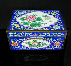 Chinese Enamel Box Asian flowers Oriental lotus blossom large Trinket ca... - £195.84 GBP