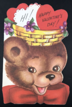 VTG 1950s Rust Craft Happy Brown Bear Cub w/ Basket on Head Valentine Greeting - £7.41 GBP