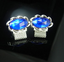 Swank Blue Cufflinks Vintage Wrap silver Mesh Crystal Prisms blue LARGE cuff lin - $75.00