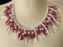 Crochet and Beads Choker Necklace Cream and Mauve Fringe Adjustable Size - $24.97