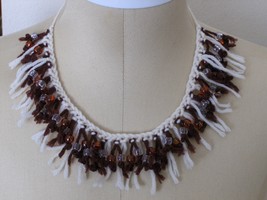 Crochet and Beads Choker Necklace Cream and Amber Fringe Adjustable Size - £20.02 GBP