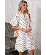 Pink Floral Print Drawstring V Neck Bishop Sleeve Boho Dress - $47.03