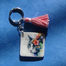 Beautiful Floral Cat - Handmade Keychain - $15.00