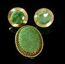 Jade Cufflinks &amp; polished flat top Brooch Vintage Gold plated Men&#39;s Fine Wedding - £175.73 GBP