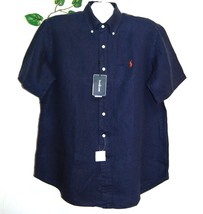Ralph Lauren Navy Blue Mens Fashion Shirt Blouse Linen Buttons Boston Fit Sz XL - £63.98 GBP