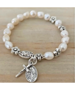 White Faux Pearl Charm Bracelet, with O.L.of the Miraculous, New #AB-387-R2 - $10.88