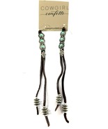 Cowgirl Confetti Only Going Up Long Dangle Earrings Leather Turquoise  - $25.69 CAD