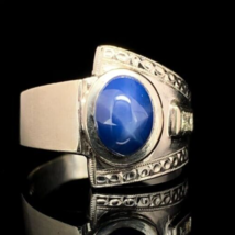 14k Gold Men&#39;s Blue Star Synthetic Lab-Created Sapphire Diamond Ring (#J... - $678.15