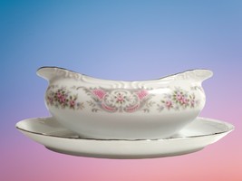 Vintage Style House Fine China Japan Pompadour Gravy Boat w/Attached Underplate - £19.75 GBP