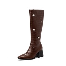 Autumn Women Knee High Boots stone pattern Boots Designer Chunky Shoes Zipper Lo - £77.69 GBP