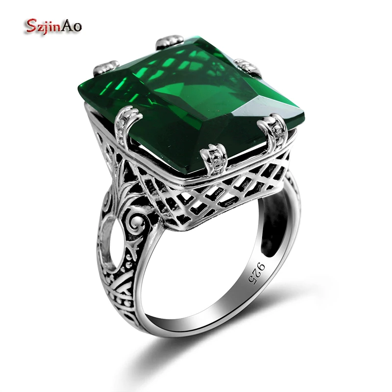 Massive Green Emerald Ring Vintage 925 Sterling Silver With Stone Women Punk Par - £42.21 GBP