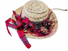 Vintage Pioneer Prairie Straw Hat Red Green Plaid Ribbon With Pinecones Ornament - £7.82 GBP