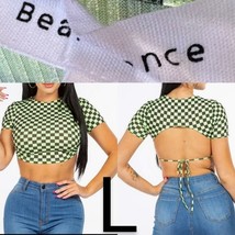 Sexy Black &amp; Neon Checkered Backless Crop Top~ Size L - £16.14 GBP