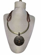 Gold Tone Collar Necklace Large Pendant Leather Cording - $23.00